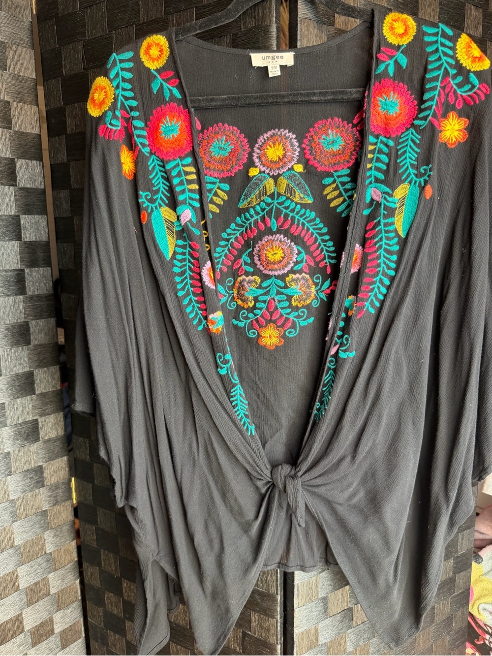 Umgee Black Tie-Front top with Multicolor Floral Embroidery